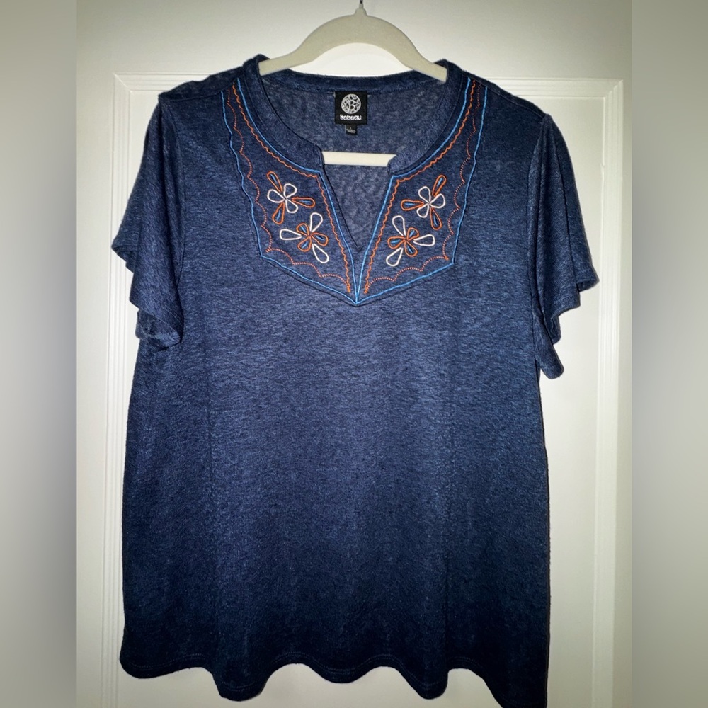 Bobeau Women's Navy Embroidered Blouse